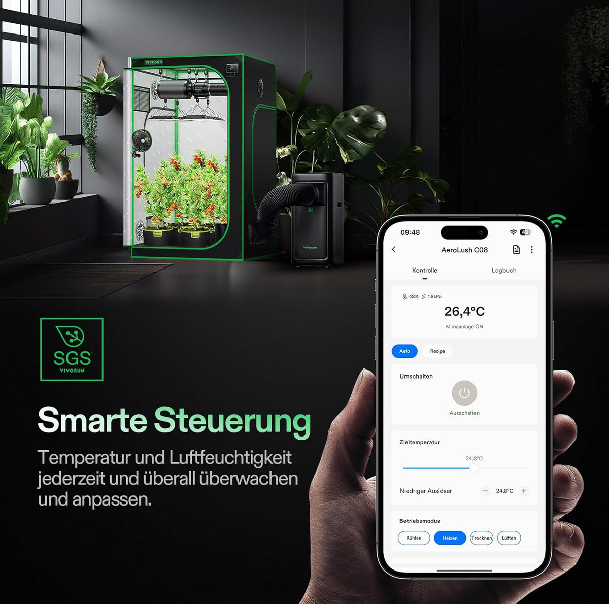 VIVOSUN Smart Klimaanlage, 7000 BTU, 4-in-1 Funktion mit Temperatur- & Feuchtigkeitssensor, Intelligente Fernbedienung, Ideal für Growzelte und