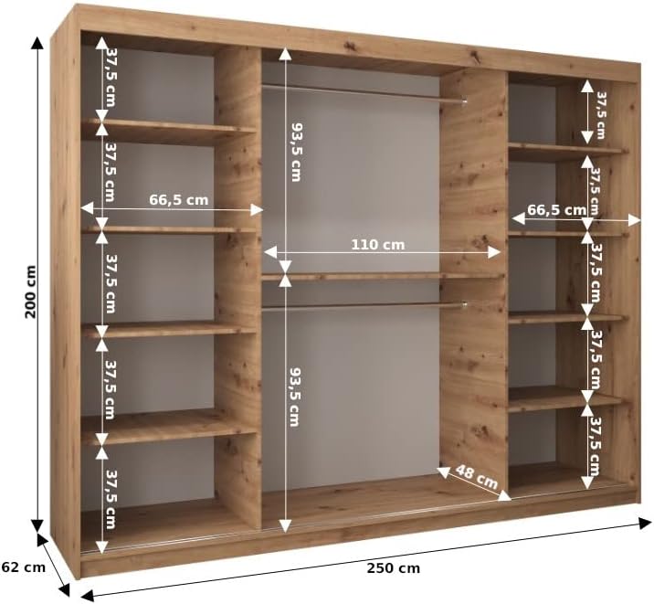 ABIKSMEBLE York 1 250 Armario 2 Puertas Correderas para Dormitorio - Armario Moderno con Espejo, Barra y Estantes - 250x200x62 cm (Ancho x Alto x