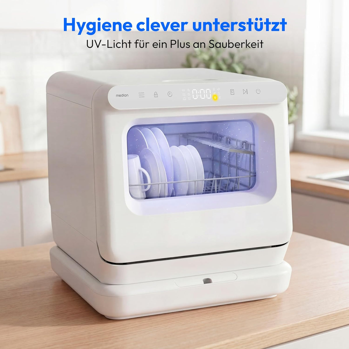 MEDION Mini Geschirrspüler DWT30, 3 Maßgedecke, Tischgeschirrspüler, funktioniert mit/ohne Wasseranschluss, 6 Programme, UV-Licht, Lüfter-Trocknung,