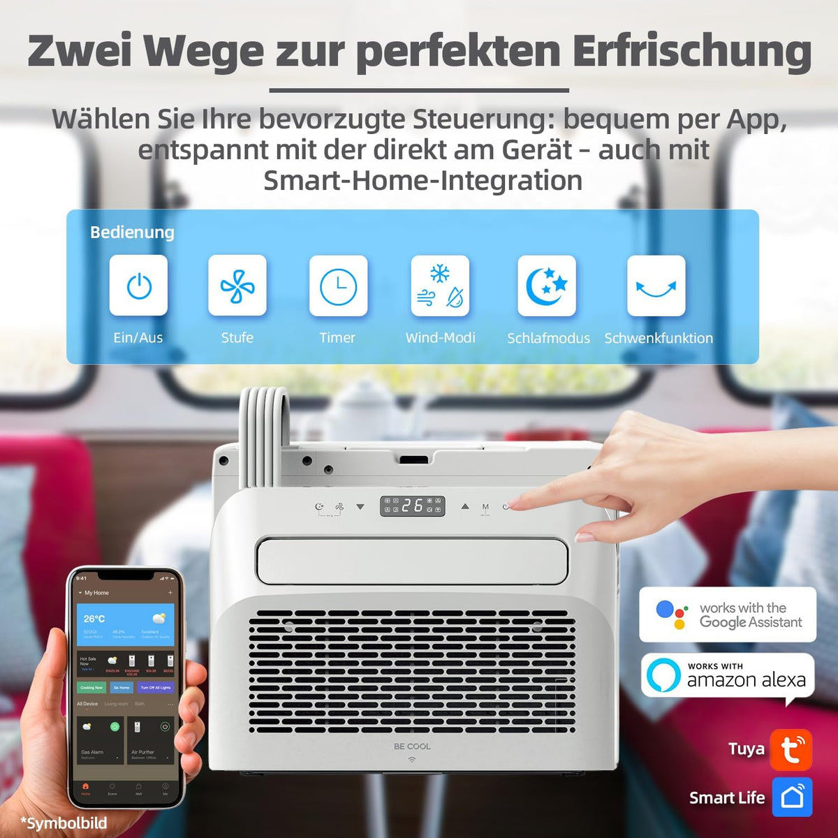 BE COOL BC5CSKL26 3in1 Mini Split Klimaanlage 5000 BTU mit WiFi, App-Steuerung, Kühlen, Lüften, Entfeuchten, 24h Timer, Schlafmodus, für Räume bis 12