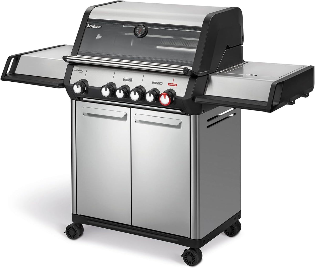 Enders Gasgrill Monroe Pro 4 SIKR Turbo, 4-Brenner, mit Kocher und Infrarot-Heckbrenner, PanoVision Sichtfenster, Gussrost, Aluguss Grill, 800 °C