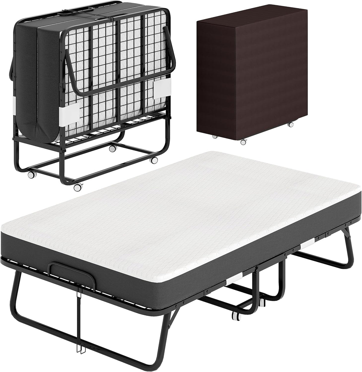 Cama Plegable de 120 cm con Colchón de 13cm (Viscoelástica), Somier Reforzado de Metal con 4 Ruedas y Funda Antipolvo, Cama Supletoria de Invitados