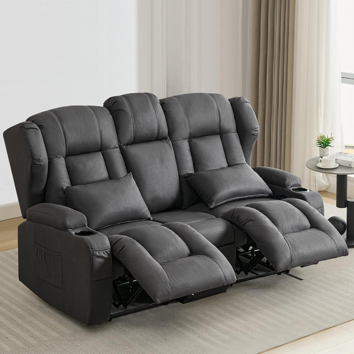 2er Relaxsessel mit Liegefunktion Fußteil, Zweisitzer Fernsehsessel 2 Sitzer TV Sessel mit Konsole, Manuell Verstellbar Doppel Kinosessel bis 360 kg (