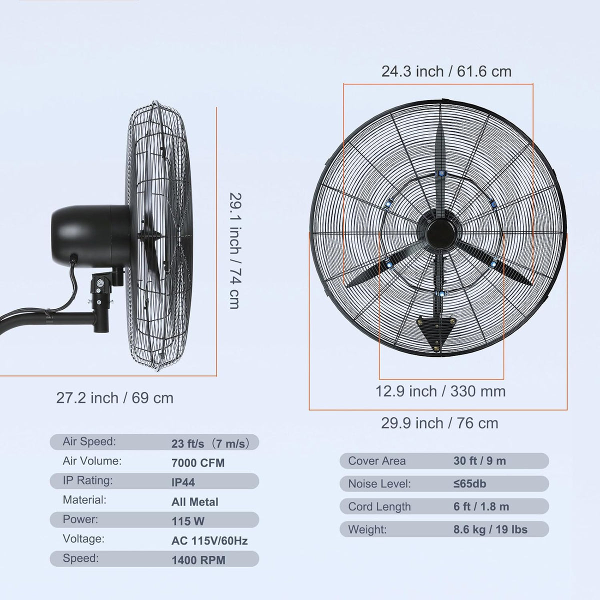 VEVOR Nebelventilator, 61,6 cm oszillierender, wasserdichter Ventilator, 3 Geschwindigkeiten, 7000 CFM, gewerblicher oder privater Ventilator zur
