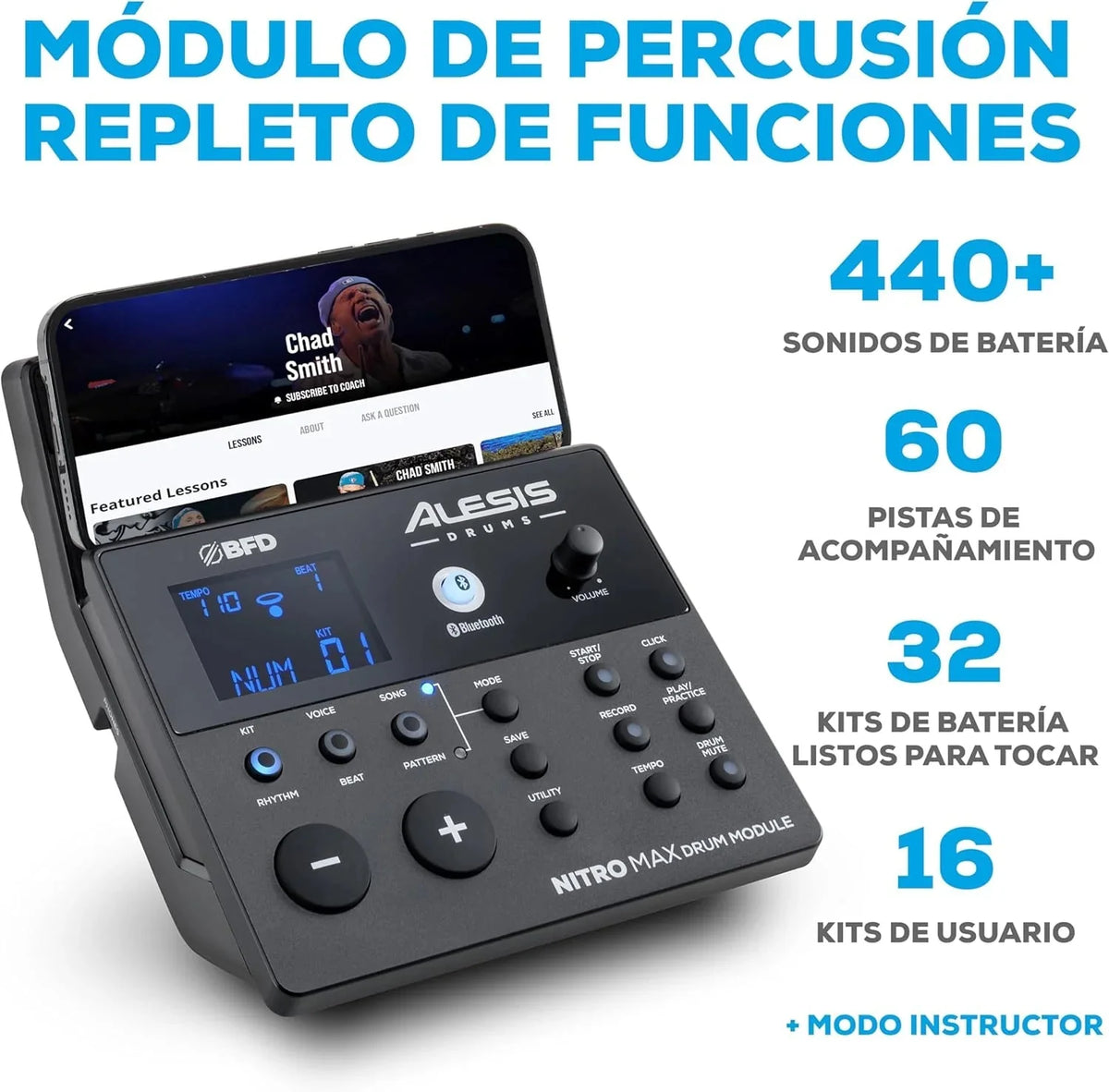 Alesis Nitro Max Kit Batería Electrónica con Parches Silenciosos de Malla, Caja de Doble Zona de 10", Bluetooth, 440+ Sonidos Auténticos, Lecciones