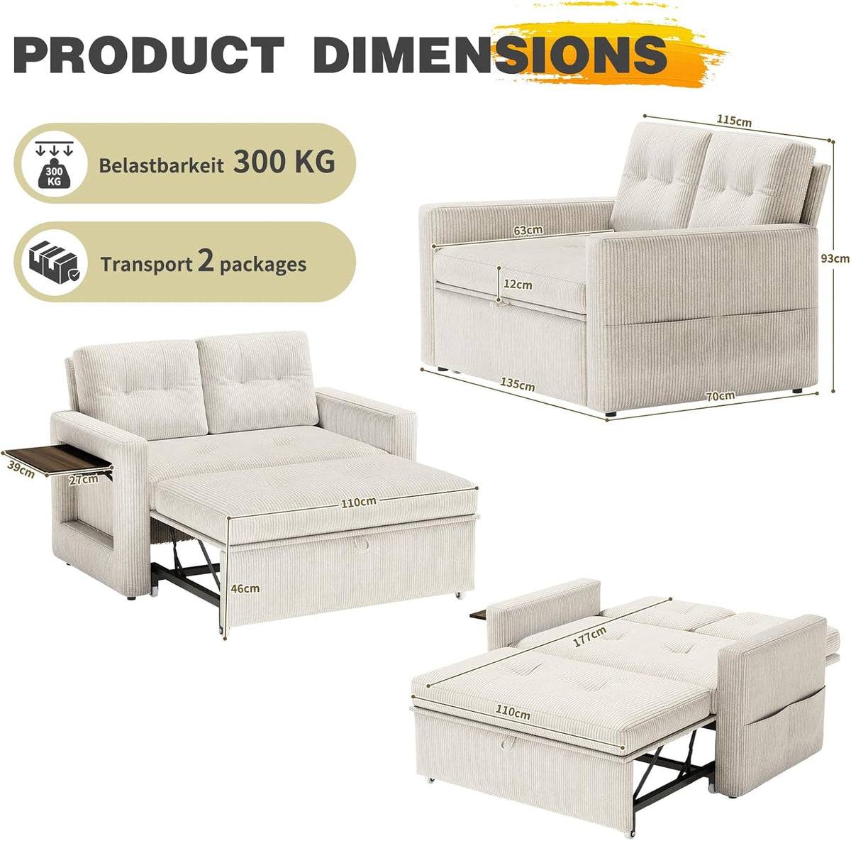 YOUDENOVA Sofá Cama 3 en 1, Sillón Cama multifunción, Sofá reclinable con Respaldo Regulable en 5 Posiciones, Sofá Cama para 2 Personas con Mesa y