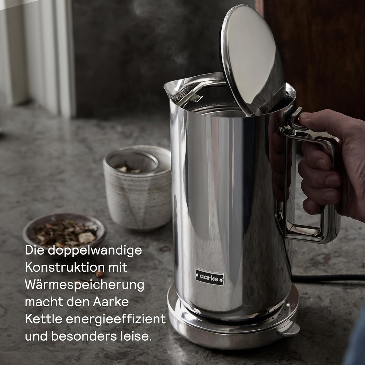 Aarke Wasserkocher aus Edelstahl mit mehreren Temperatureinstellungen, 360° drehbarem Sockel, leisem Kochvorgang und tropffreiem Ausgießer,