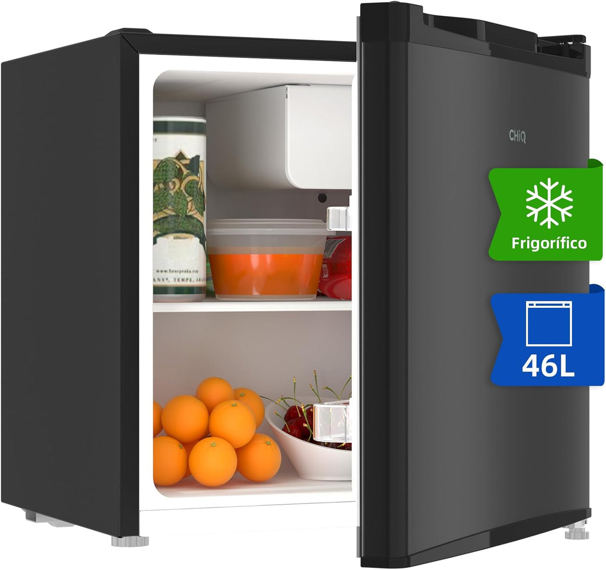 CHIQ Frigorífico Minibar capacidad 46L, Compresor incorporada, Botellero y Compartimiento Congelador, Control de Temperatura regulable, Bajo Nivel de