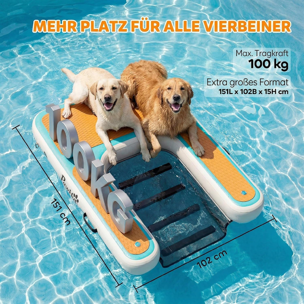 PawHut Aufblasbare Hunde Wasserrampe Hunderampe Pool 151x102 cm Tragbares Hundeboot mit Rutschfester Eva-Oberfläche Schwimmende Dock Leiter für große