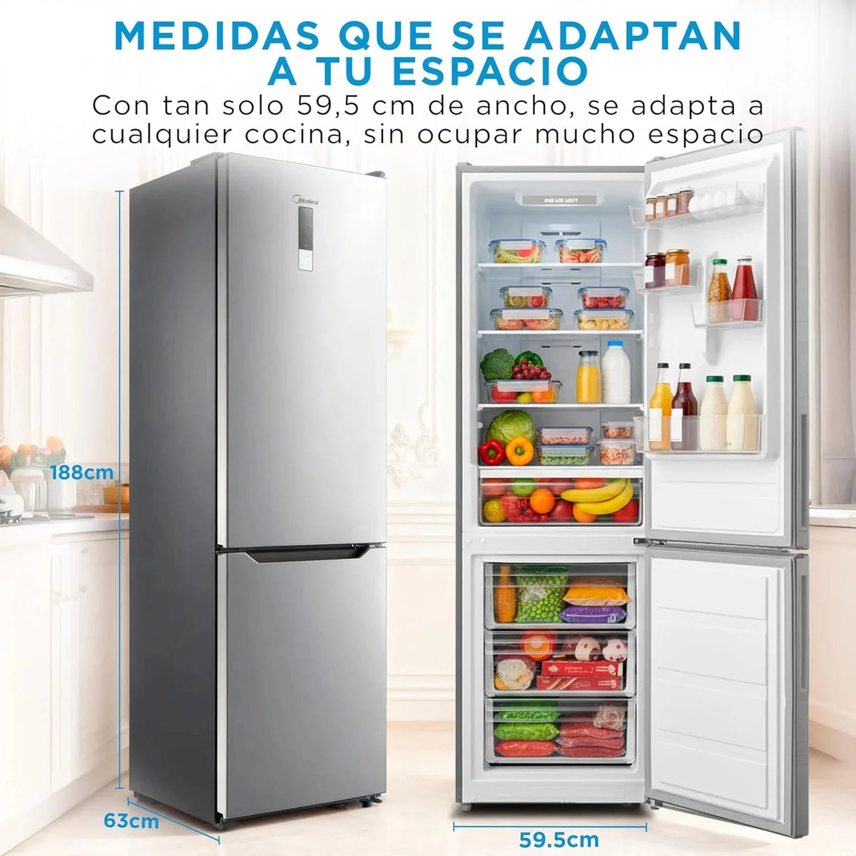 Midea Frigorífico Combi No Frost | 60 cm ancho x 188 alto cm | Inox | Nevera libre instalación 224 L + 86 L Congelador - Refrigerador de bajo consumo