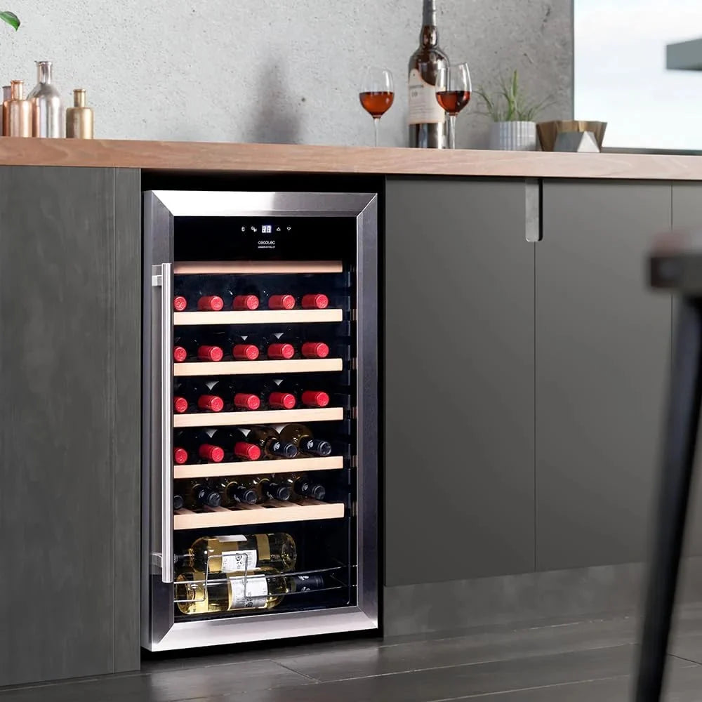 Cecotec Vinoteca 34 botellas Bolero grandsommelier 34030 inox compressor, 80 L, Enfriamiento por compresor, Temperatura regulable de 5 a 18oC, Control