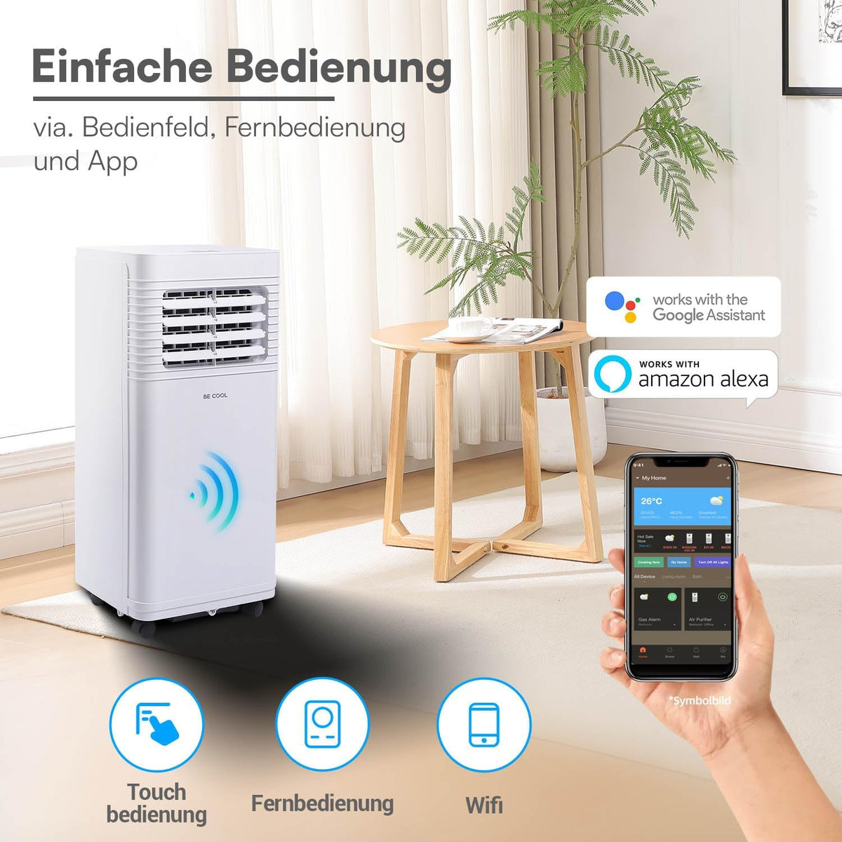 BE COOL Mobiles Klimagerät 7000 BTU mit WLAN, 3in1 Klimaanlage zum Kühlen, Entfeuchten & Lüften, für Räume bis 24 m², Fernbedienung, Timer,