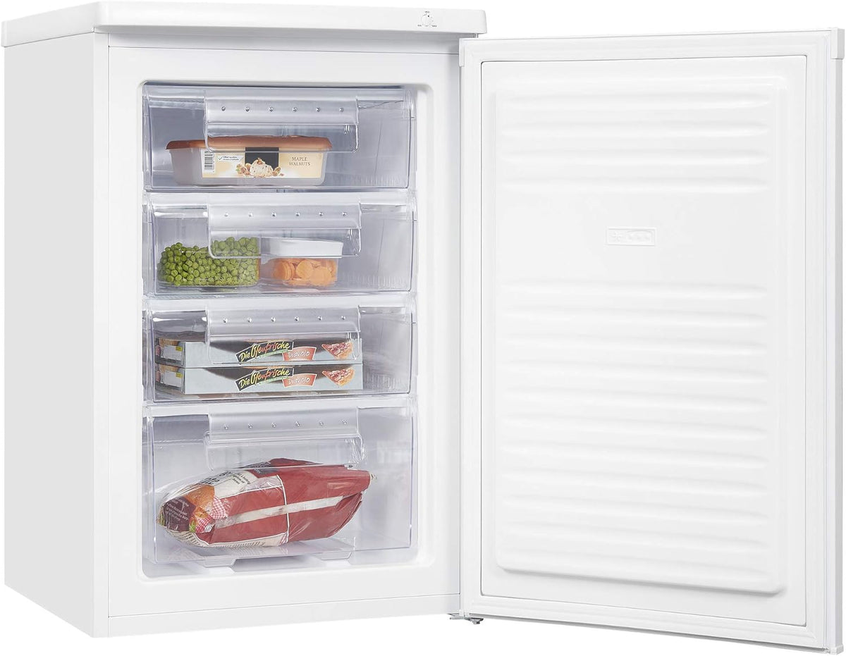 Exquisit Congelador Table Top 91L, Color Blanco, Clase E, Congelador 4 Estrellas, 4 Cajones Transparentes, Puerta Reversible, Control de Temperatura,