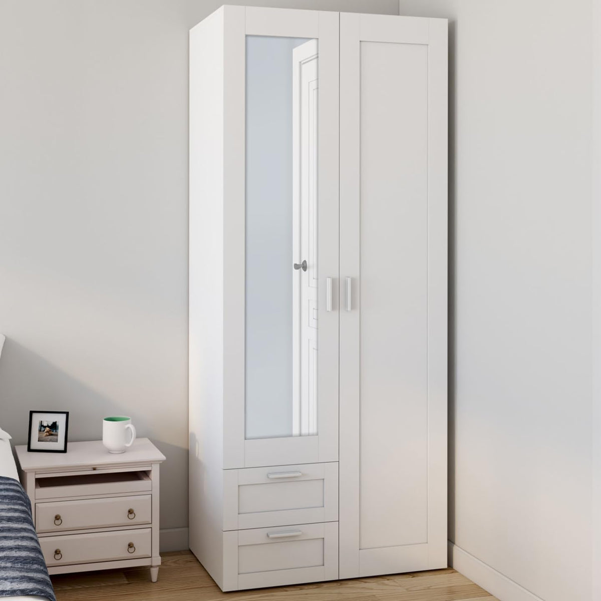 IDMarket - VITO 2-door wardrobe white 80 cm with 2 drawers, mirror and shelves