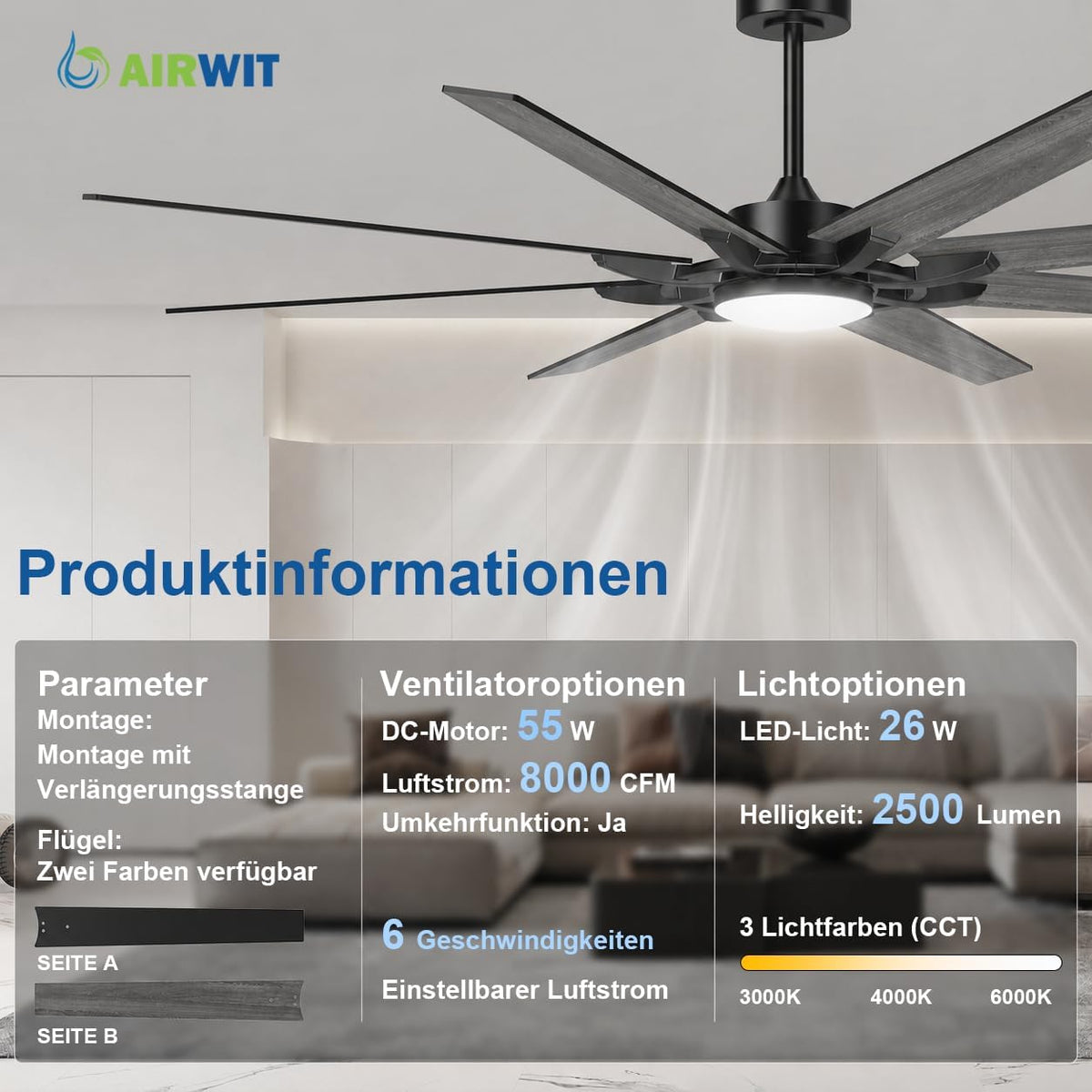 Airwit 183cm Deckenventilator mit Beleuchtung Extra Groß, Verbundholz Outdoor Leise Deckenventilator mit Licht und Fernbedienung, Lampe mit Ventilator