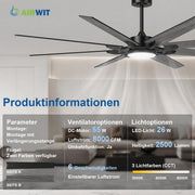 View Airwit 183cm Deckenventilator mit Beleuchtung Extra Groß, Verbundholz Outdoor Leise Deckenventilator mit Licht und Fernbedienung, Lampe mit Ventilator image 3
