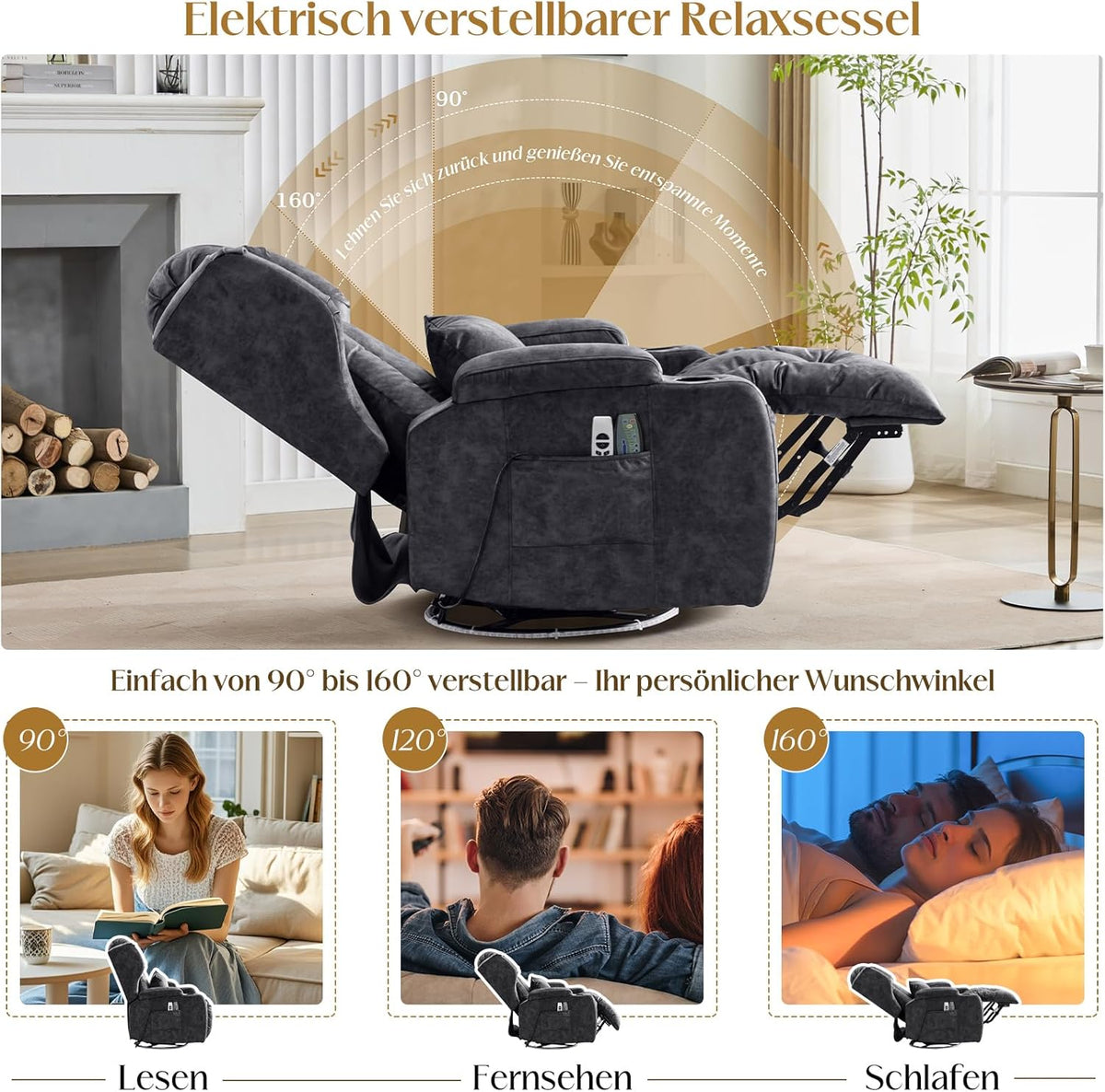 Elektrischer Fernsehsessel Relaxsessel mit Liegefunktion,240°Drehsessel Kinosessel Massagesessel mit Wärmefunktion,TV Sessel Liegesessel fürs