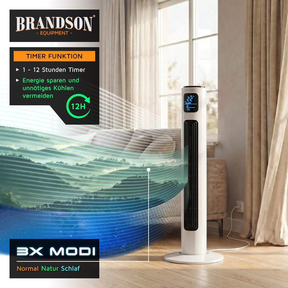 Brandson - Turmventilator mit Fernbedienung 96 cm - Preisträger 2026 - mobiler Lüfter leise - Standventilator mit Oszilation - 3 Geschwindigkeiten 3