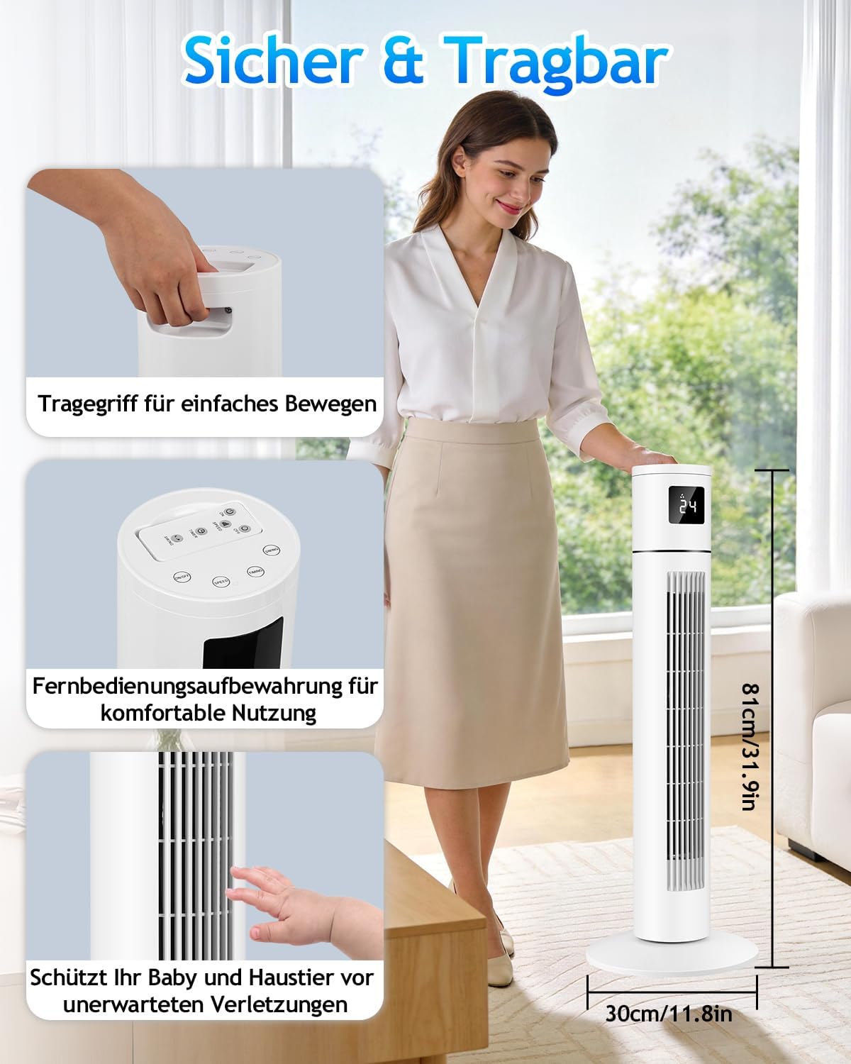 Timiyou Turmventilator 20dB Sehr Leiser für Schlafzimmer & Kühlung mit Fernbedienung | 3 Geschwindigkeitsstufen, 12h Timer, 60° Oszillation,