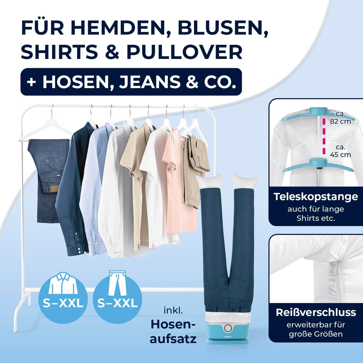 CLEANmaxx automatischer Hemdenbügler inklusive Hosenaufsatz | Bügler für Hemden, Blusen & Hosen, schonender als Wäschetrockner und Bügeleisen |