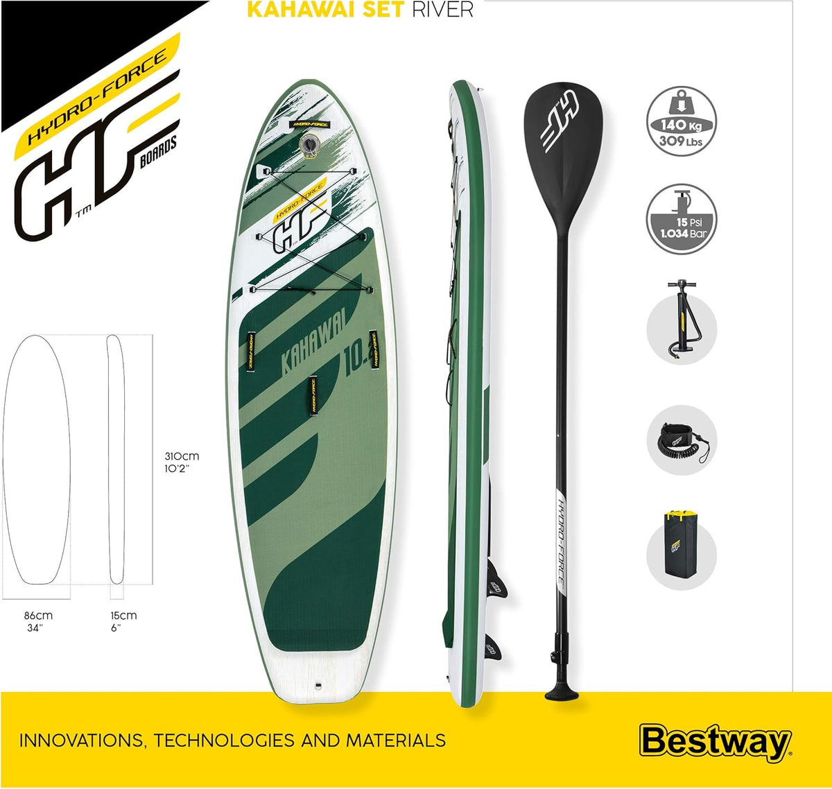 Hydro-Force SUP, aufblasbares Stand Up Paddle Board, komplettes Set, mehrere Stile, Größen, 2,4 m, 3,4 m, 3,8 m, 3,8 m, 3,8 m, 3,8 m