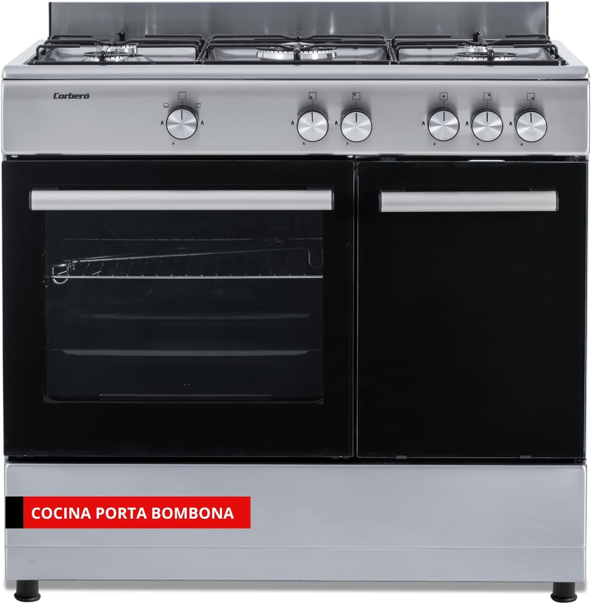 Corbero - Cocina de gas butano 5 fuegos | CC510GB90X | 80x90x60 | Horno de 60L con puerta doble | Wok en medio| Encendido Manual | Cajón