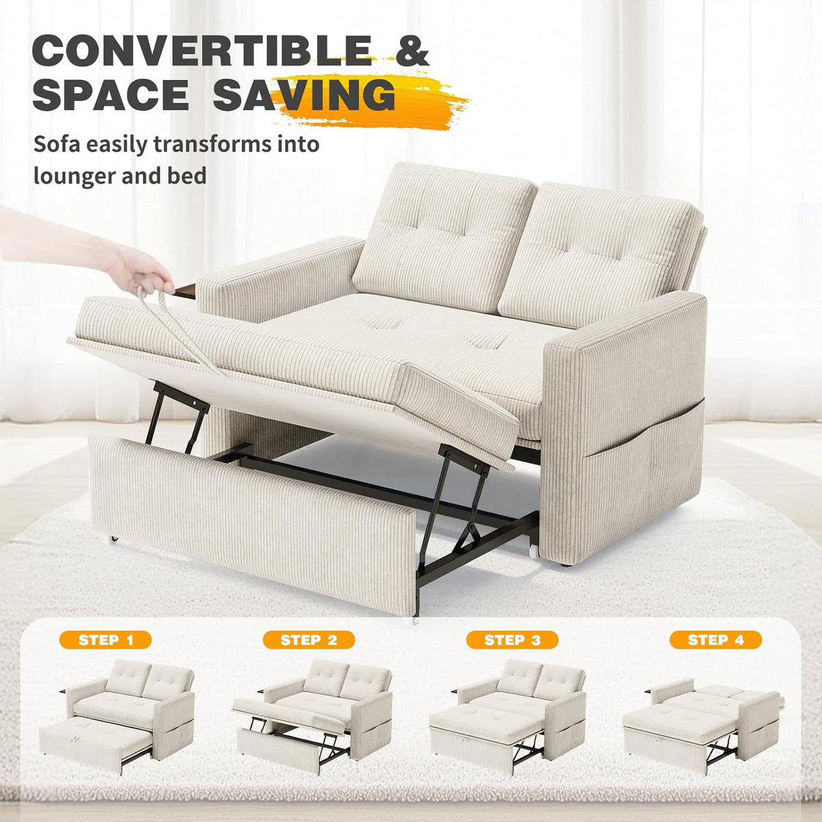 YOUDENOVA Sofá Cama 3 en 1, Sillón Cama multifunción, Sofá reclinable con Respaldo Regulable en 5 Posiciones, Sofá Cama para 2 Personas con Mesa y