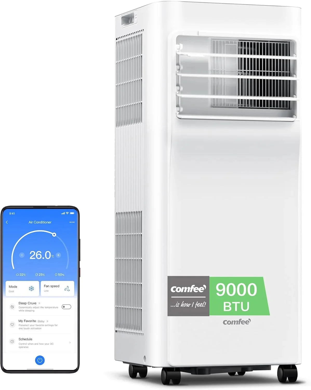 COMFEE Pingüino Aire Acondicionado Portátil 9000 BTU/2300 Frigorías Breezy Cool Pro – Climatizador sin unidad exterior, Bajo Consumo, App Control y