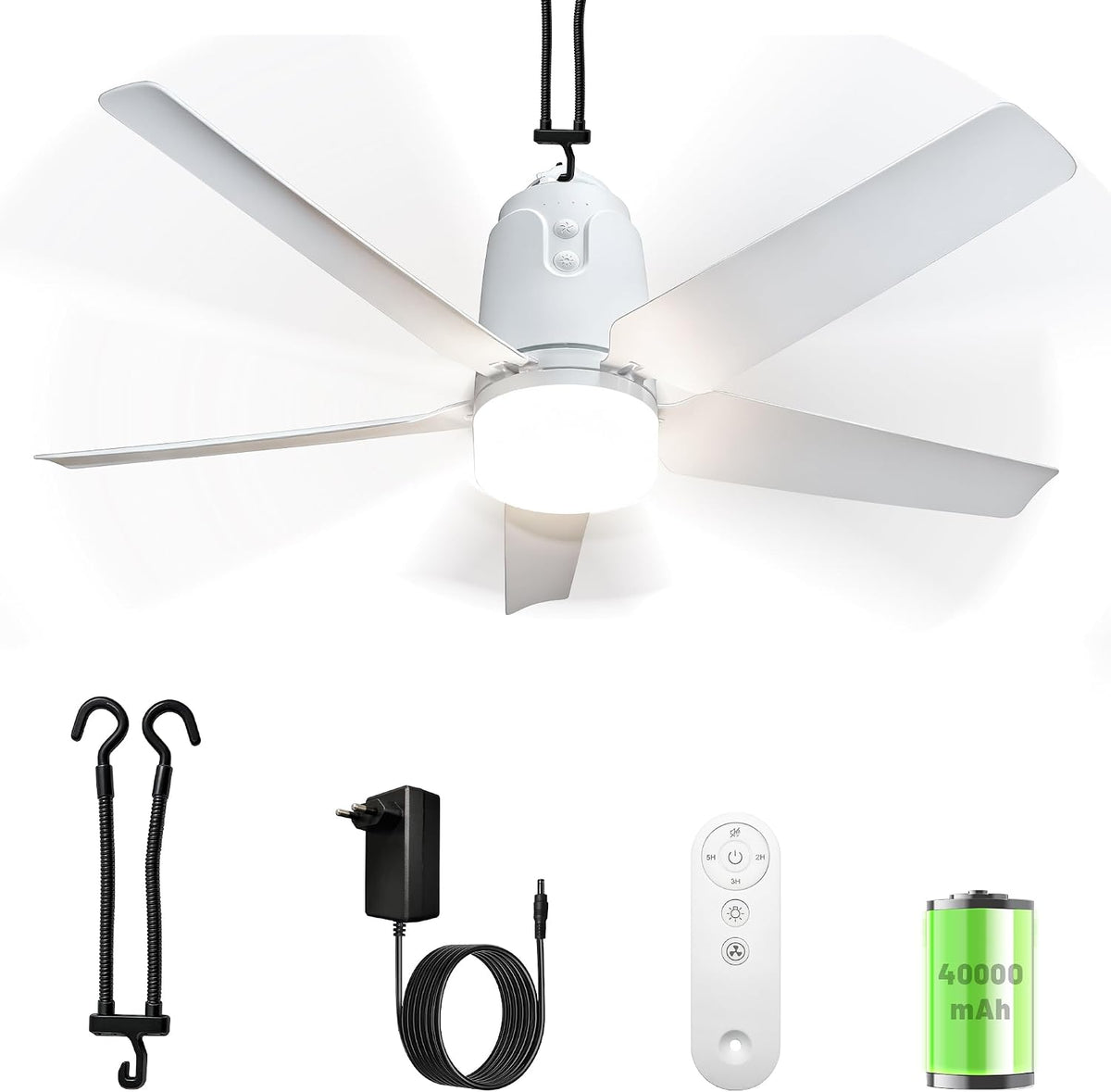 80CM Akku Deckenventilator mit Beleuchtung für Outdoor, 40000mAh Akku Groß Mobiler Ventilator mit Licht, 3000K-6000K Dimmbar, Fernbedienung & Haken,