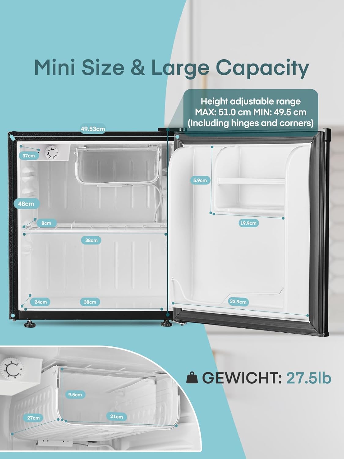 FOHERE Mini Kühlschrank 46L mit Eisfach | Kühlschrank Klein | Temperaturregelung, Energiesparend, Leise | Getränkekühlschrank Ideal für Büro, Camping