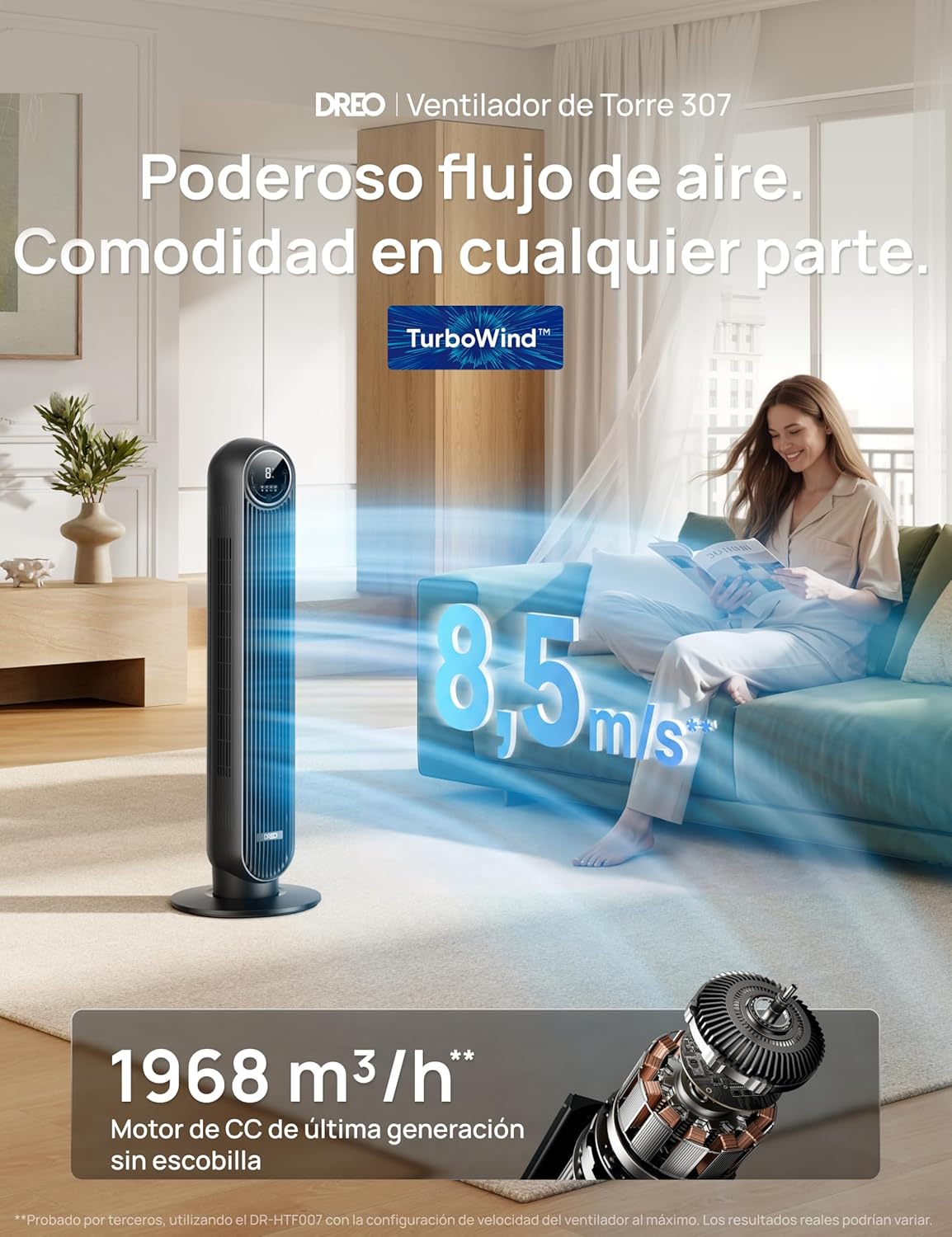 Dreo 20dB Ventilador de Pie Silencioso, Ventiladores de Torre con Velocidad de 7,6 m/s, 4 Velocidades, Rotación de 90°, Temporizador de 8 Horas,