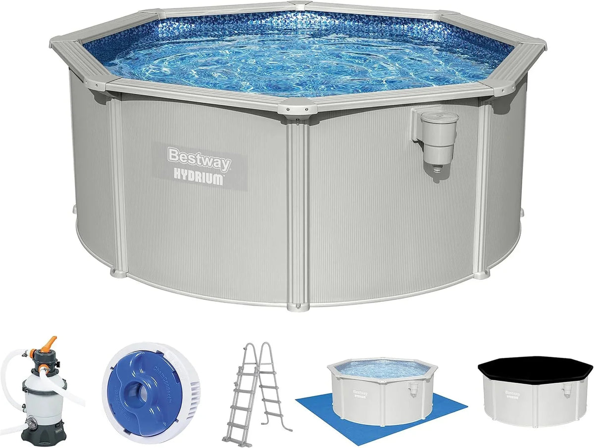 Bestway Hydrium - Piscina de Pared de Acero con Filtro de Arena, diámetro de 300 x 120 cm, Gris, Redonda
