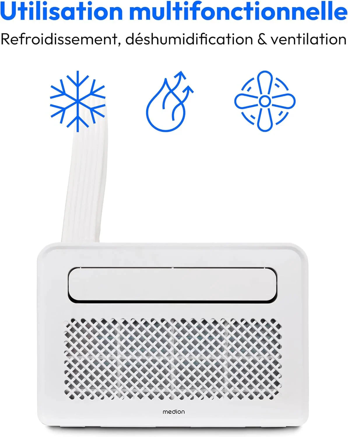 MEDION Smart Climatiseur Split P502 (5000 BTU, 3-en-1, Refroidir, Déshumidification, Ventilation, pour caravane, camping-car, kit de joint de fenêtre,