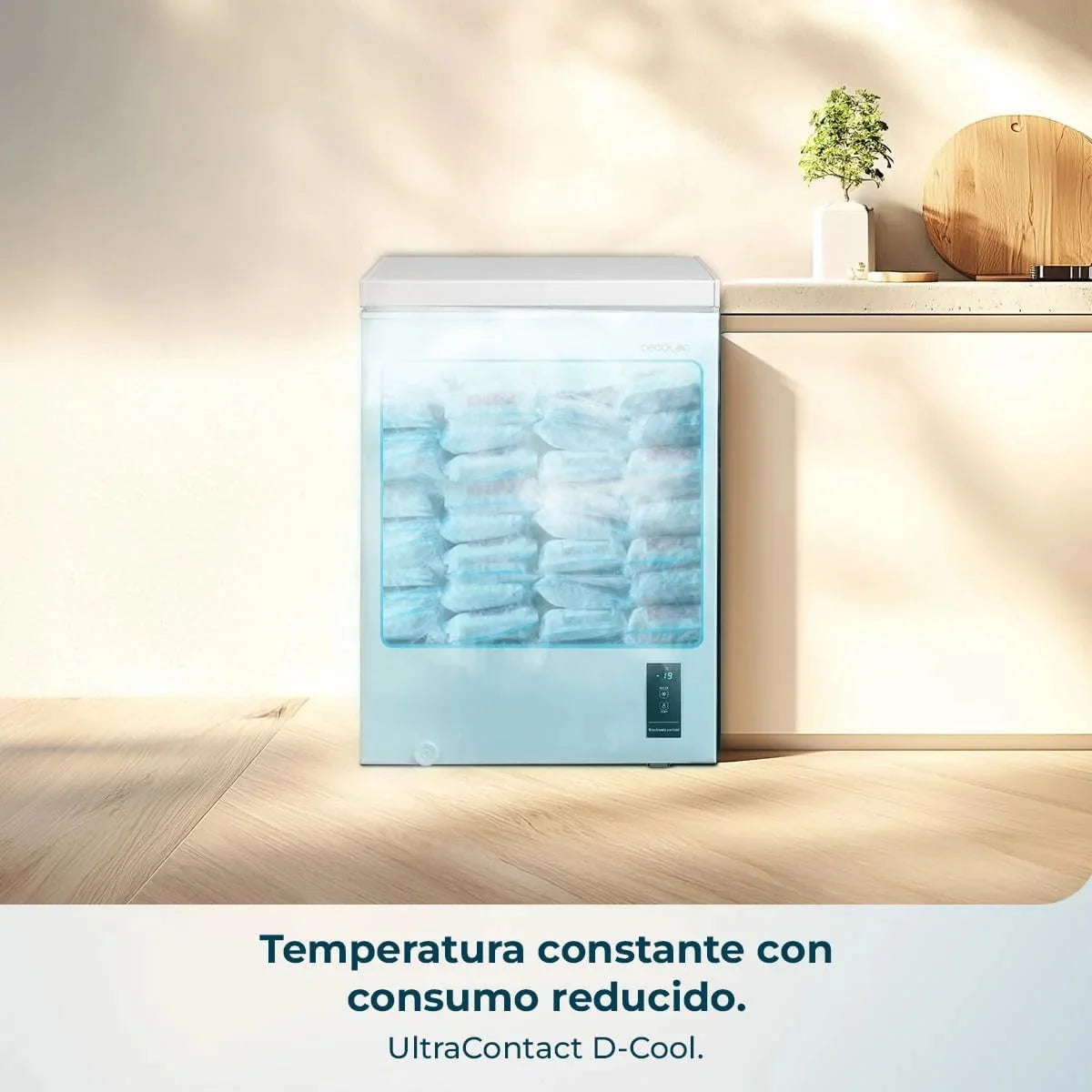 Cecotec Congelador Horizontal 143L Bolero CoolMarket Chest 143P White E. Cesta con Asas, Control Electrónico LED, UltraContact D-Cool, Dual Function,