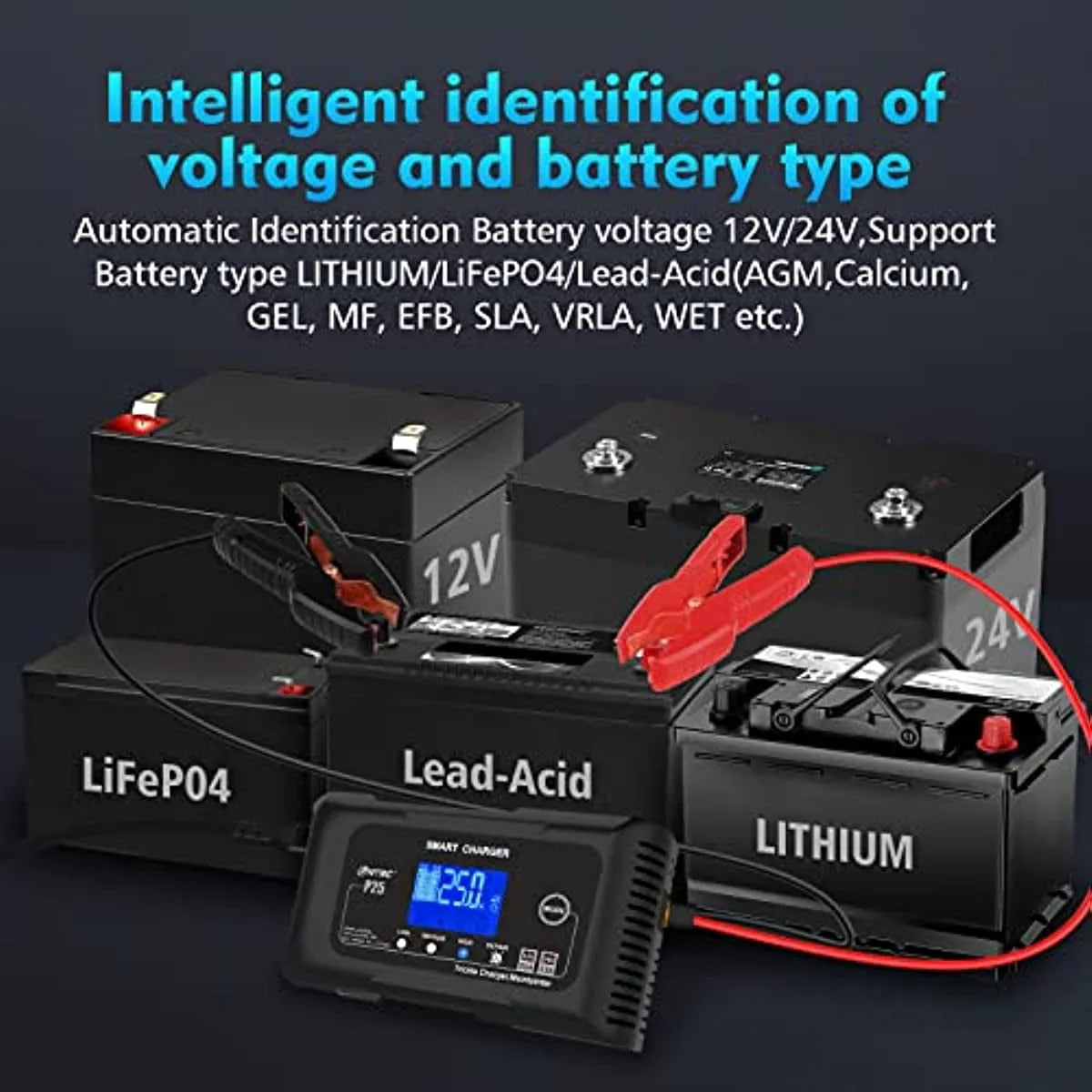 25-Amp Smart Battery Charger,Lithium,LiFePO4,Lead-Acid AGM/Gel/SLA.. Car Battery Charger,Trickle Charger, Maintainer/deep Cycle Charger,12V/25A and