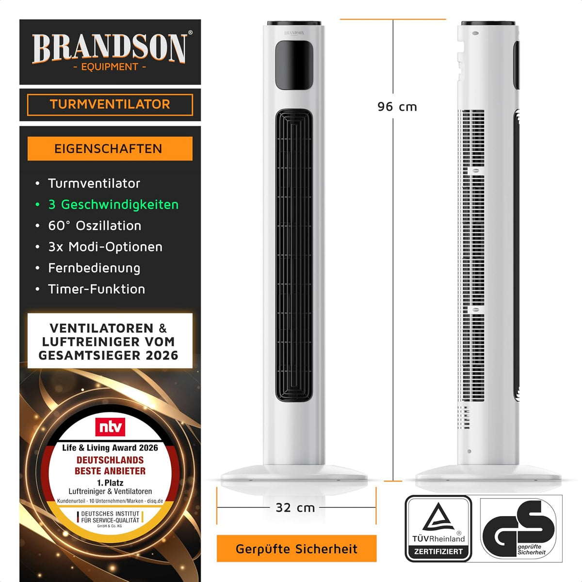 Brandson - Turmventilator mit Fernbedienung 96 cm - Preisträger 2026 - mobiler Lüfter leise - Standventilator mit Oszilation - 3 Geschwindigkeiten 3