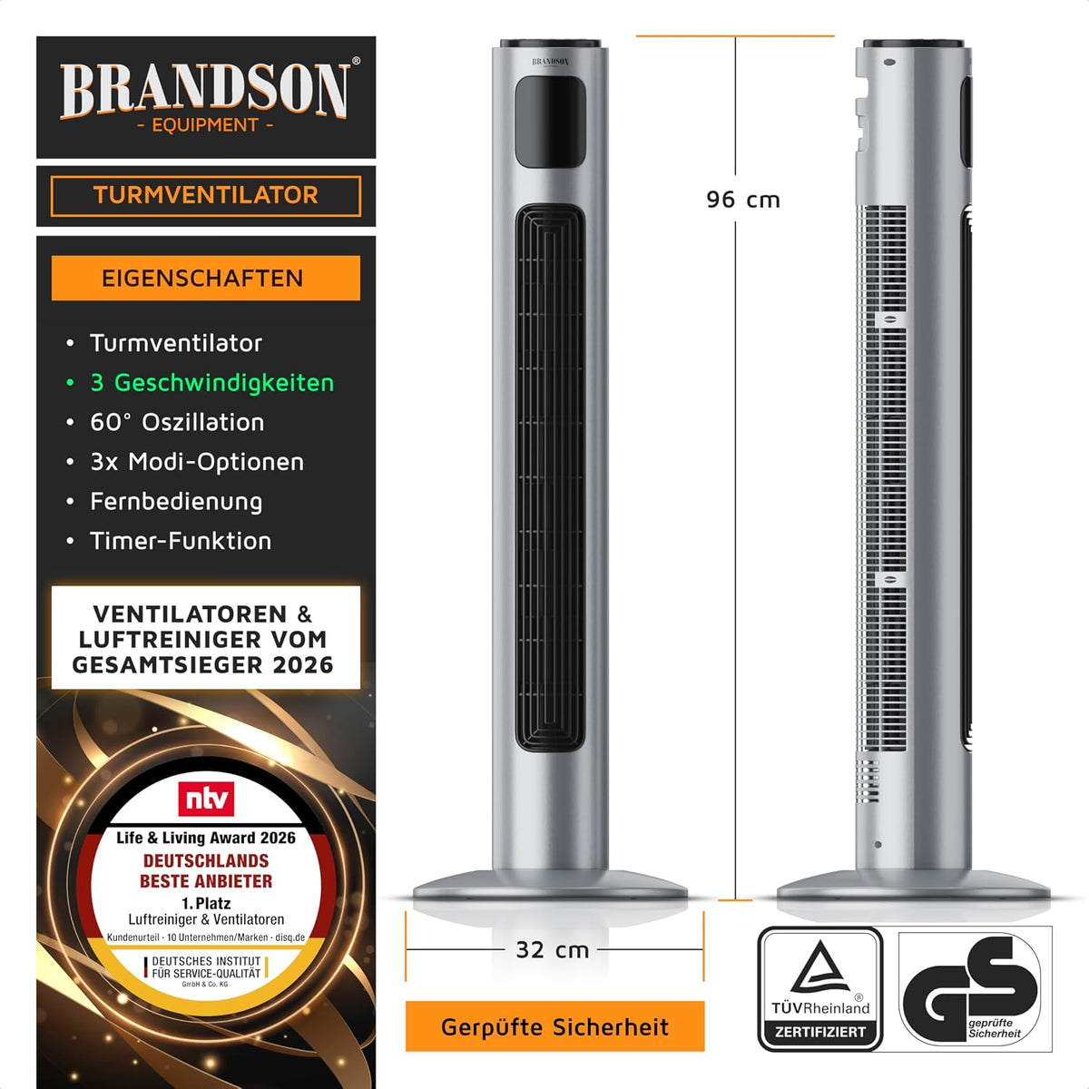 Brandson - Turmventilator mit Fernbedienung 96 cm - Preisträger 2026 - mobiler Lüfter leise - Standventilator Oszilation - 3 Geschwindigkeiten 3 Modi