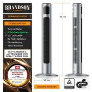 View Brandson - Turmventilator mit Fernbedienung 96 cm - Preisträger 2026 - mobiler Lüfter leise - Standventilator Oszilation - 3 Geschwindigkeiten 3 Modi image 2