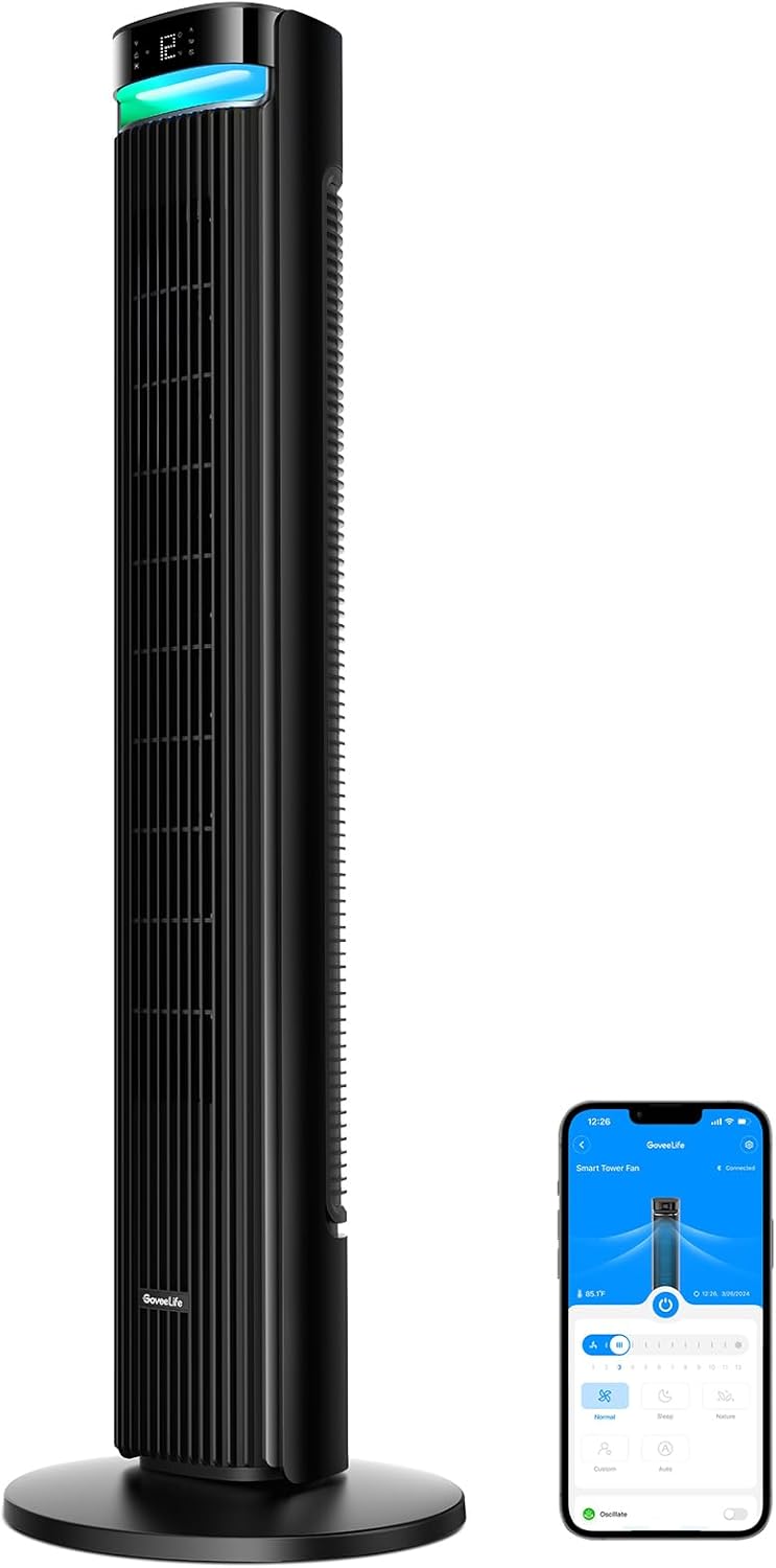 GoveeLife 27 dB leiser Ventilator, 12 Geschwindigkeiten bis zu 8 m/s, 5 Modi, 24-Stunden-Timer, intelligenter Turmventilator mit 150°-Oszillation, APP