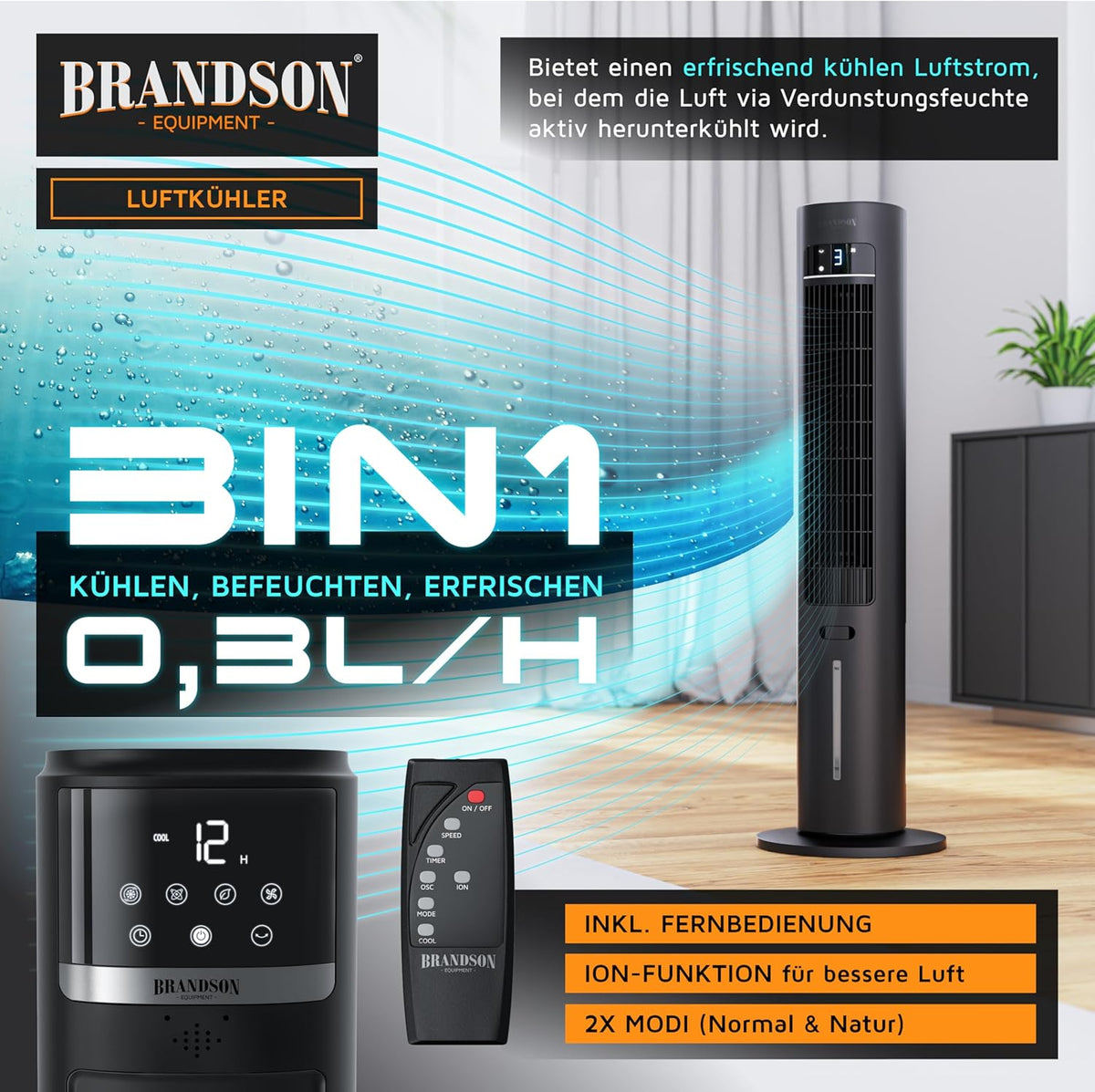 Brandson – mobiler Luftkühler mit Wasserkühlung im ECO Design - DC Motor sehr leise - 60% Energieeinsparung - Sieger Ventilatoren und Luftkühler 2026