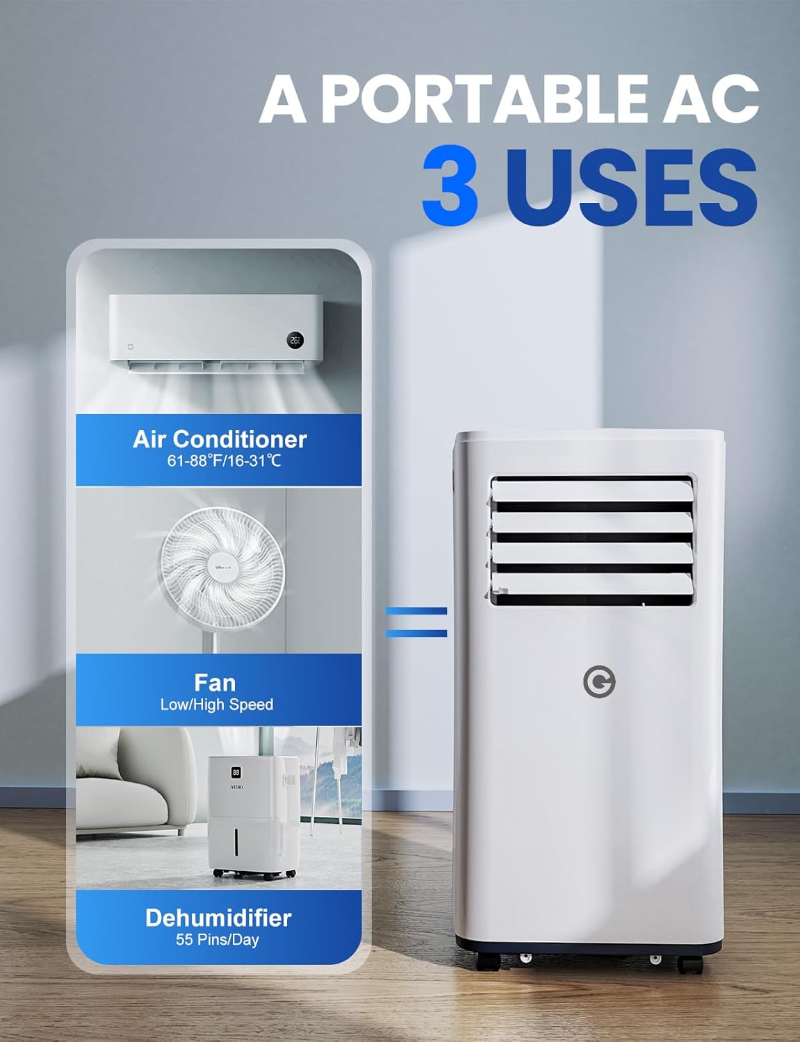 9000 BTU Aire Acondicionado Portátil, 4 en 1: Refrigeración, Ventilador, Deshumidificador y Modo Sueño, Silencioso, con Mando, Temporizador 24h y Kit