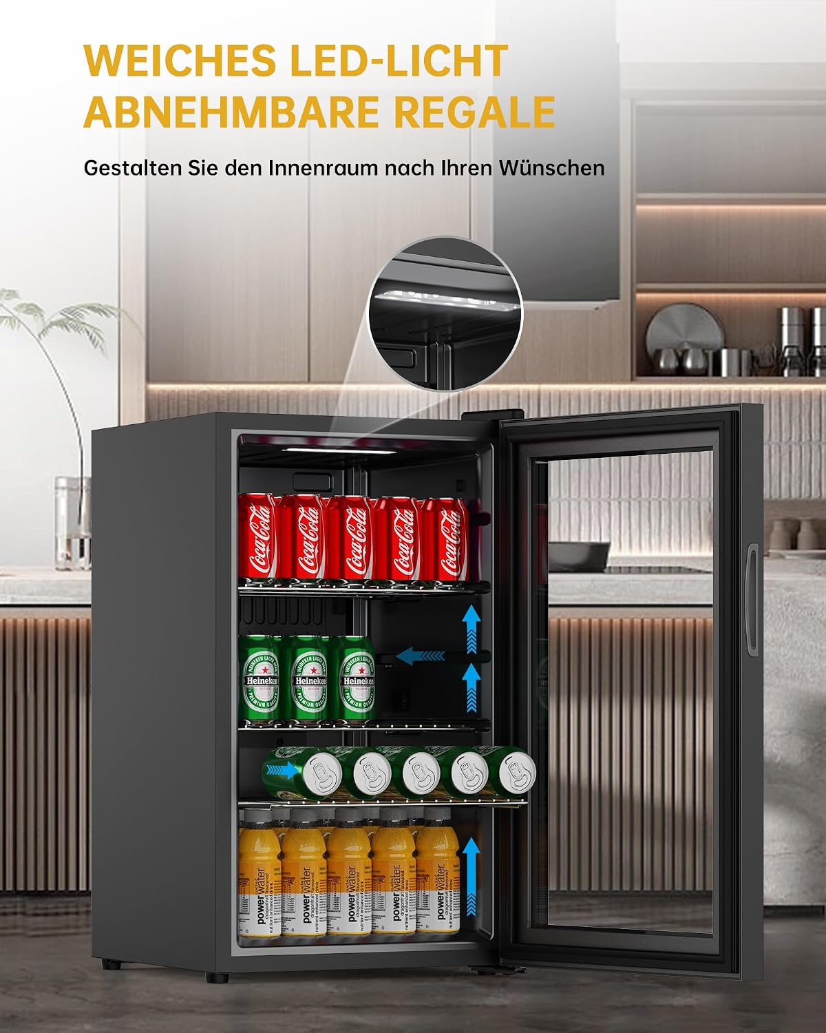 WIE Mini Kühlschrank Getränkekühlschrank 70 Liter mit Doppelte Glastür mit Verstellbaren Ablagen Indoor Outdoor Klein Bierkühlschrank Leise 105 Dosen