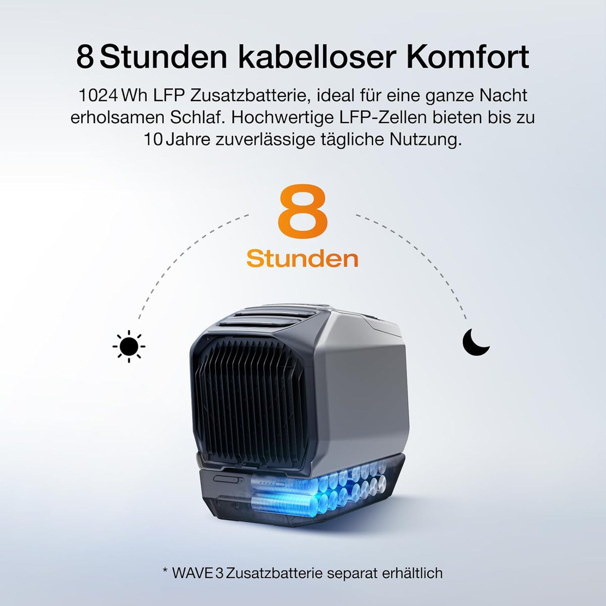 ECOFLOW WAVE 3 Tragbare Klimaanlage, 1800 W/6100 BTU Kühlen, 2000 W/6800 BTU Heizen, 1000 W Schnellladen (75 Min.), 8 Std. Akkulaufzeit, App-Steuerung