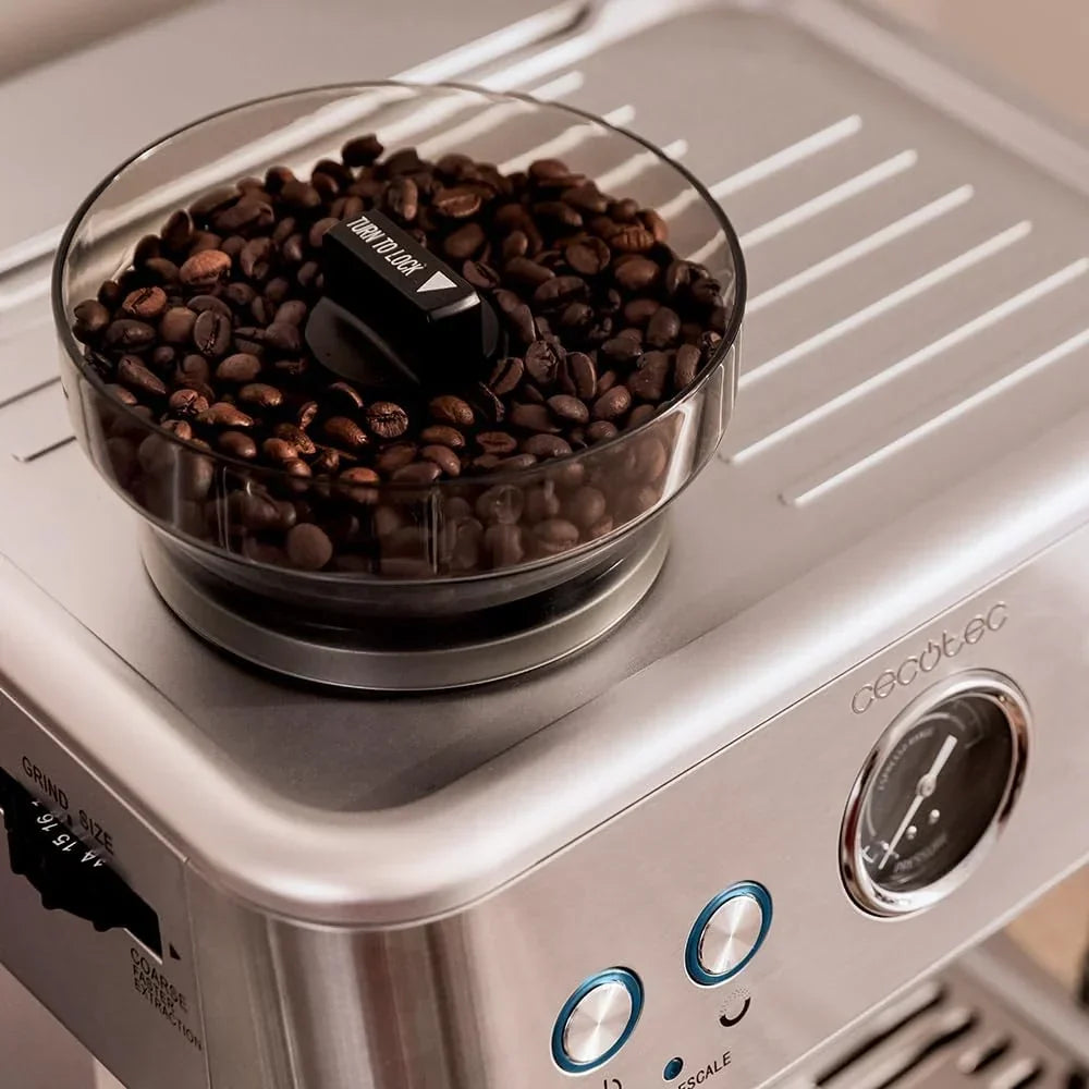 Cecotec Cafetera Express Barista Power Espresso 20 Barista. 2250W, 20 Bares, Manometro y 2 Thermoblocks, Depósito de Café en Grano, Molinillo con 20