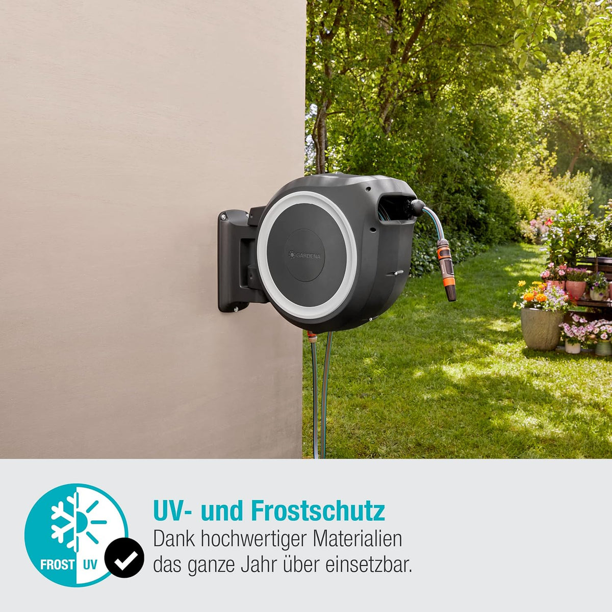 Gardena Wand-Schlauchbox RollUp M/L (weiß) 25 m: flexible Bewässerung für mittelgroße bis große Gärten, Schwenkbare Schlauchbox, inkl. 25 m Gardena