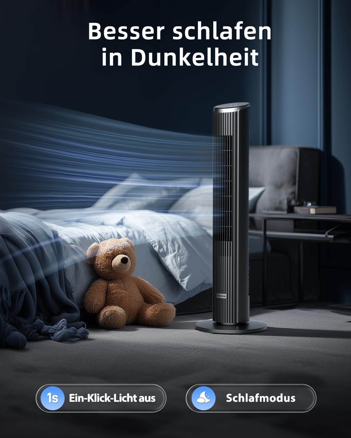 Ateroll Leiser Turmventilator für Schlafzimmer, Standventilator mit Fernbedienung, 90° oszillierend, 4 Geschwindigkeiten 3 Modi 12H Timer LED-Anzeige,