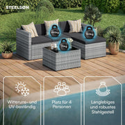 View STEELSØN Zethora Rattan Gartenmöbel Set 3-TLG. – Outdoor Sitzgruppe für Garten/Terrasse/Balkon – Gartenlounge mit 3er-Sofa, Hocker & Tisch – image 3