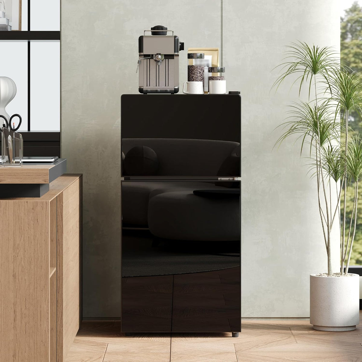 Merax Kühlschrank mit Gefrierfach, 60L Kleiner Kühlschrank, kompakt, Glastür, LED-Innenbeleuchtung, manuelle Temperaturregelung, Glasablagen, 45 dB(A)