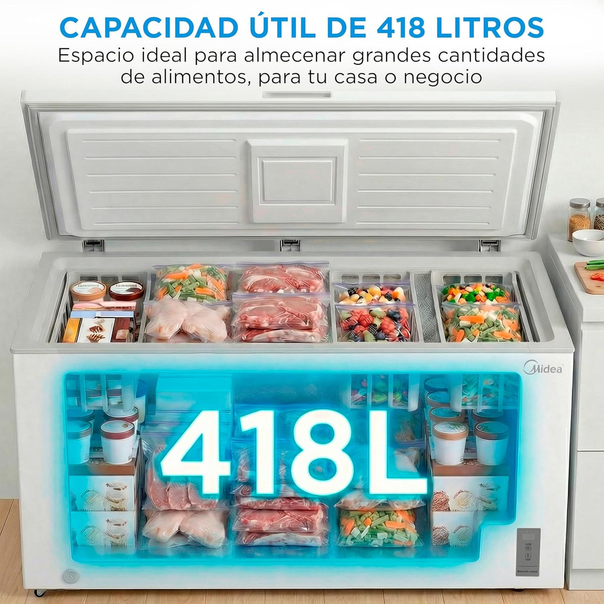 MIDEA Arcon Congelador Pequeño de 418L | Congelador Horizontal Convertible a Frigorífico con Motor Inverter, Control Electrónico de Temperatura,