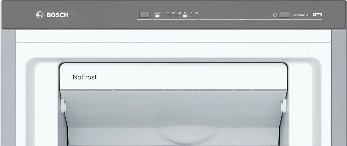 Bosch - Congelador Vertical NoFrost, Serie 4, alto 186 x ancho 60 cm, 242 L, Cajones BigBox para alimentos grandes, Sistema Multiairflow, Acero,
